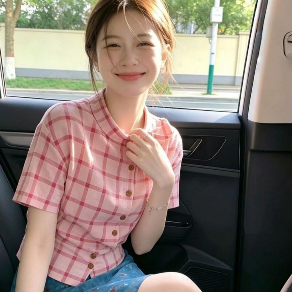 Summer new sweet style bow pink plaid short-sleeved shirt women's design sense slim and thin versatile top