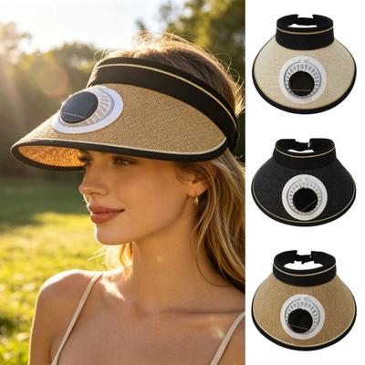 Chapeau de soleil design à sommet vide bord étendu protection solaire intégrale pour tout le visage chapeau avec ventilateur intégré alimenté par énergie solaire circonférence de tête réglable chapeau de paille