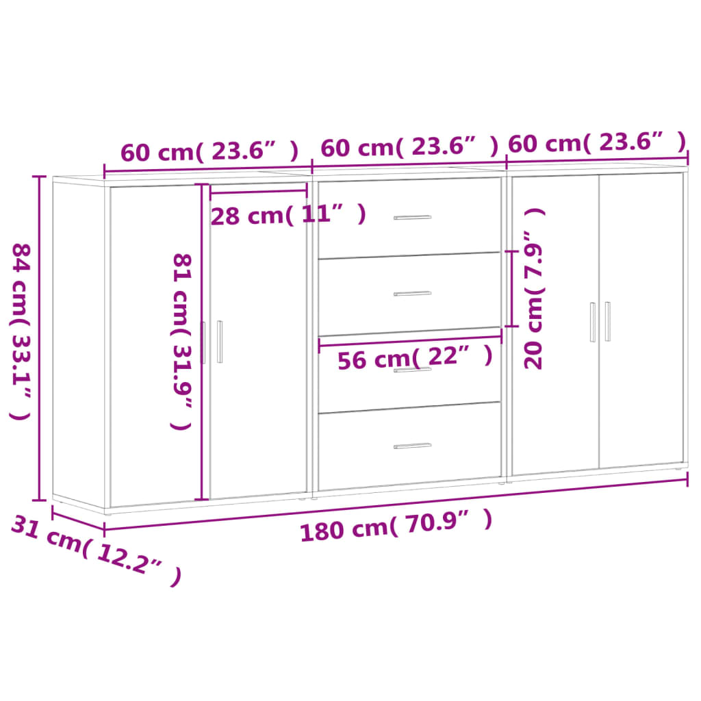 Sideboards 3 Pcs Smoked Oak 60 X 31 X 84 Cm Engineered Wood