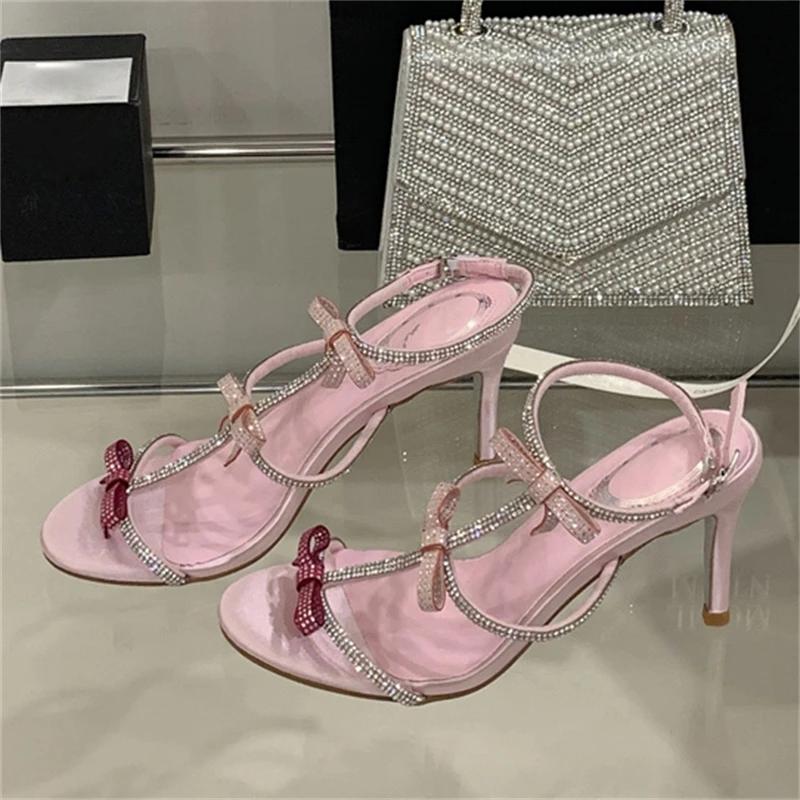 Gate Stil Krystall Sløyfe Smal Rem Dame Sandaler Sexy Tynne Høye Hæler Spennestropp Bankett Festsko