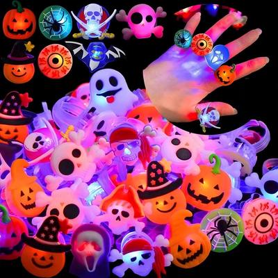 50pcs LED Glow Rings Halloween Party Luminous Rings with Witch Pumpkin Ghost Designs Fun Gift for Children and Candy Bag Fillers