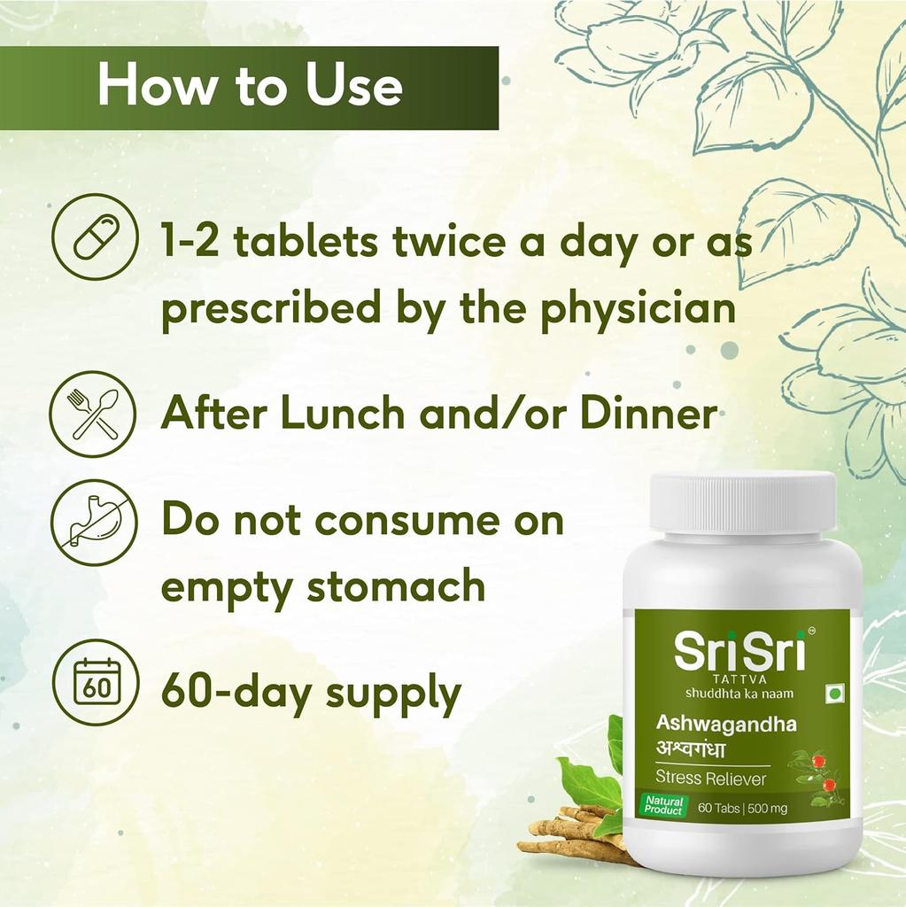 Sri Sri Tattva Ashwagandha 500mg  60Tablet Pack of 3 | Herbal Energy & Immunity Booster for Stress Relief