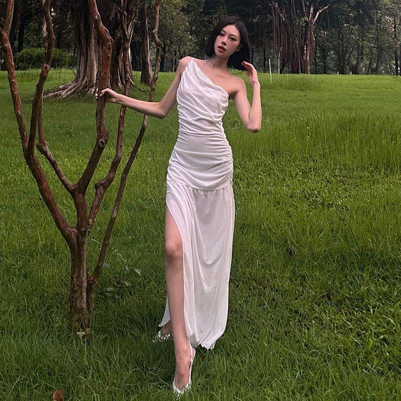 

# Sisjuly# Cold Feeling Fairy Style Oblique Shoulder Hollow Mesh Large Swing Dress Female Pure Desire Vacation Dress White modified money S