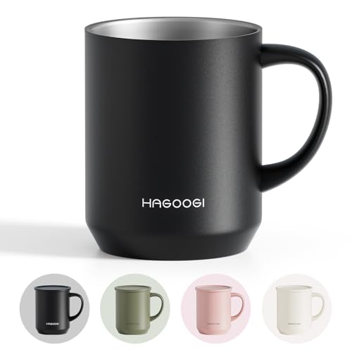 

HAGOOGI Кружка с крышкой, термоизолированная, 360 мл, вакуумная изоляция, керамическое покрытие, двойная стенка, простая, стильная, идеальна для дома и офиса, из нержавеющей стали, кофейная чашка, черная.
