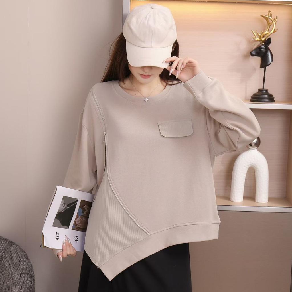 DIMANAF 2025 Autumn Pullover T-shirt Women Zipper Asymmetrical Full Sleeve Loose White Black