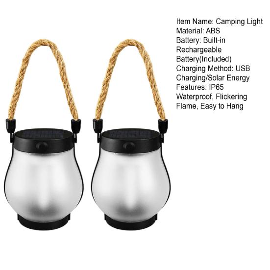 1/2Pcs Solar USB Rechargeable Lantern IP65 Waterproof Flickering Flame Hanging Lantern 2 Modes Outdoor Garden Patio Camping Light
