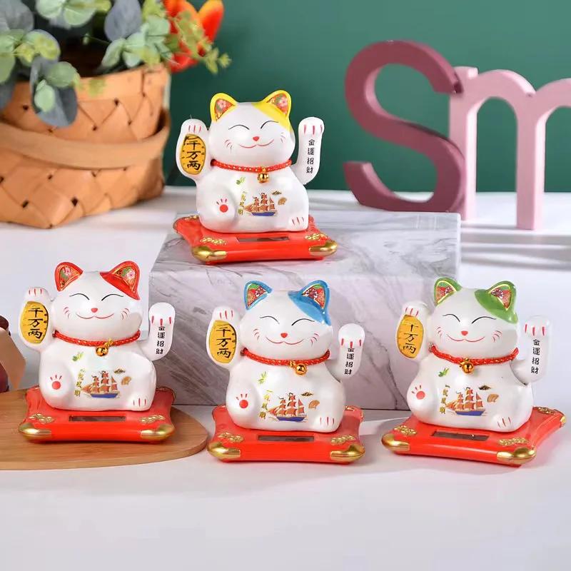 4.5 Inch Ceramic Beckoning Lucky Cat Solar Powered Fortune Cat Waving Arm Maneki Neko Gift Box Home Decoration Zen Centerpiece