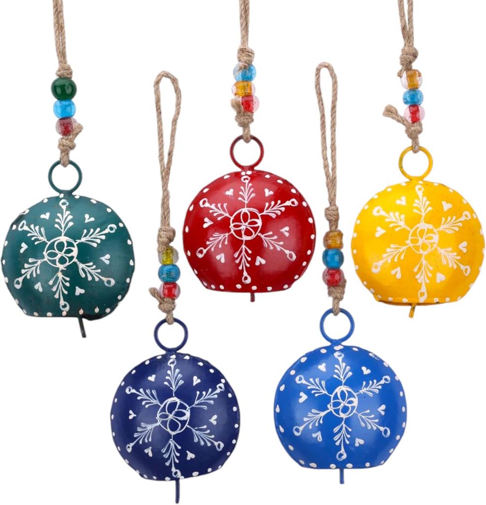 Set of 5 Handmade 4 Inch Boho Cow Bells Set with Jute Hanger, Vintage Wind Chimes for Farmhouse Wall Decor and Spiritual Witch Bells Protection