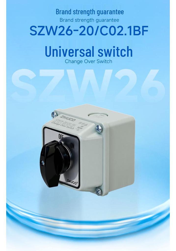 Zhuochao SZW26-20/C02.1BF Rotary Switch: Universal, Two Gears, Protective Box, ON/OFF.