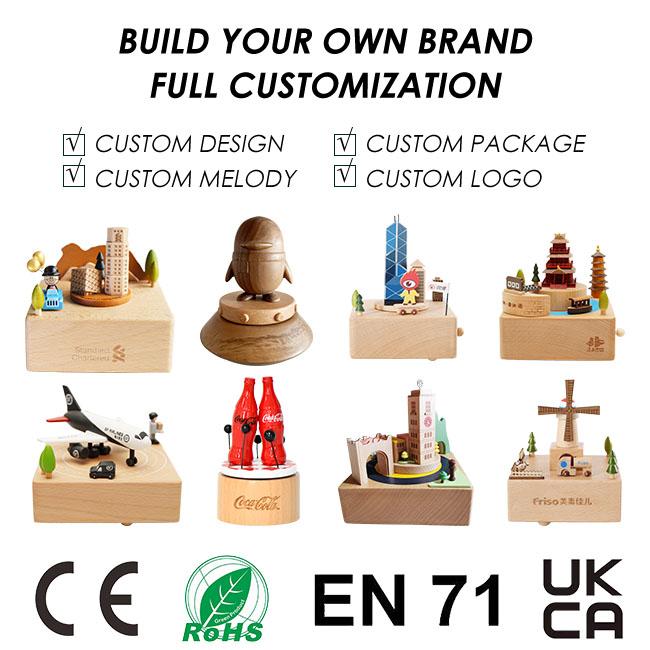 Custom Logo Wooden Music Box 18-Note Mechanical Wind-Up Rotating Carousel Ballerina Gift OEM