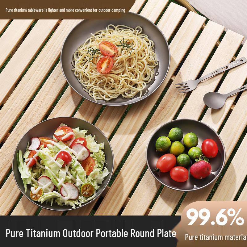 High-End Antibacterial Titanium Dinner Plate: Food-Grade, Multi-Functional, Round, Portable for Household and Outdoor Camping.