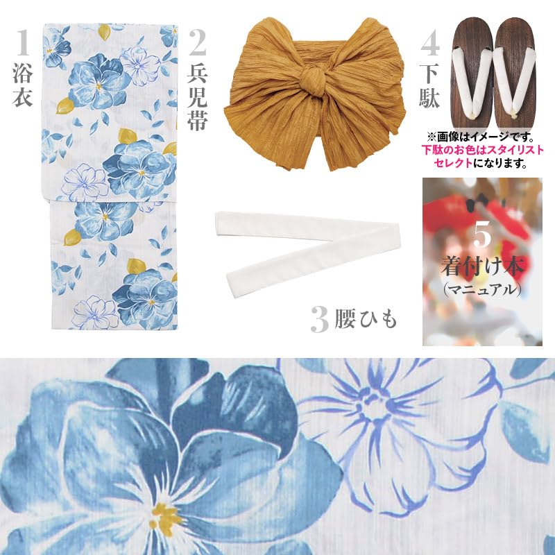 Dita Yukata Set with Obi In Light and Features a Watercolor and Transparent Floral Elegant and Easy To Dress No Hana Free Women's 5-Piece (Heko) Blue,