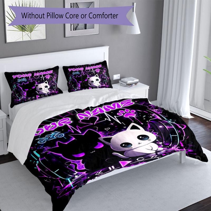 3pcs Custom Name Neon Cat Dreamscape Bedding Set Printed Bedding Set Duvet Cover Closure Includes 1 Duvet Cover & 2 Pillowcases Bedroom Decor