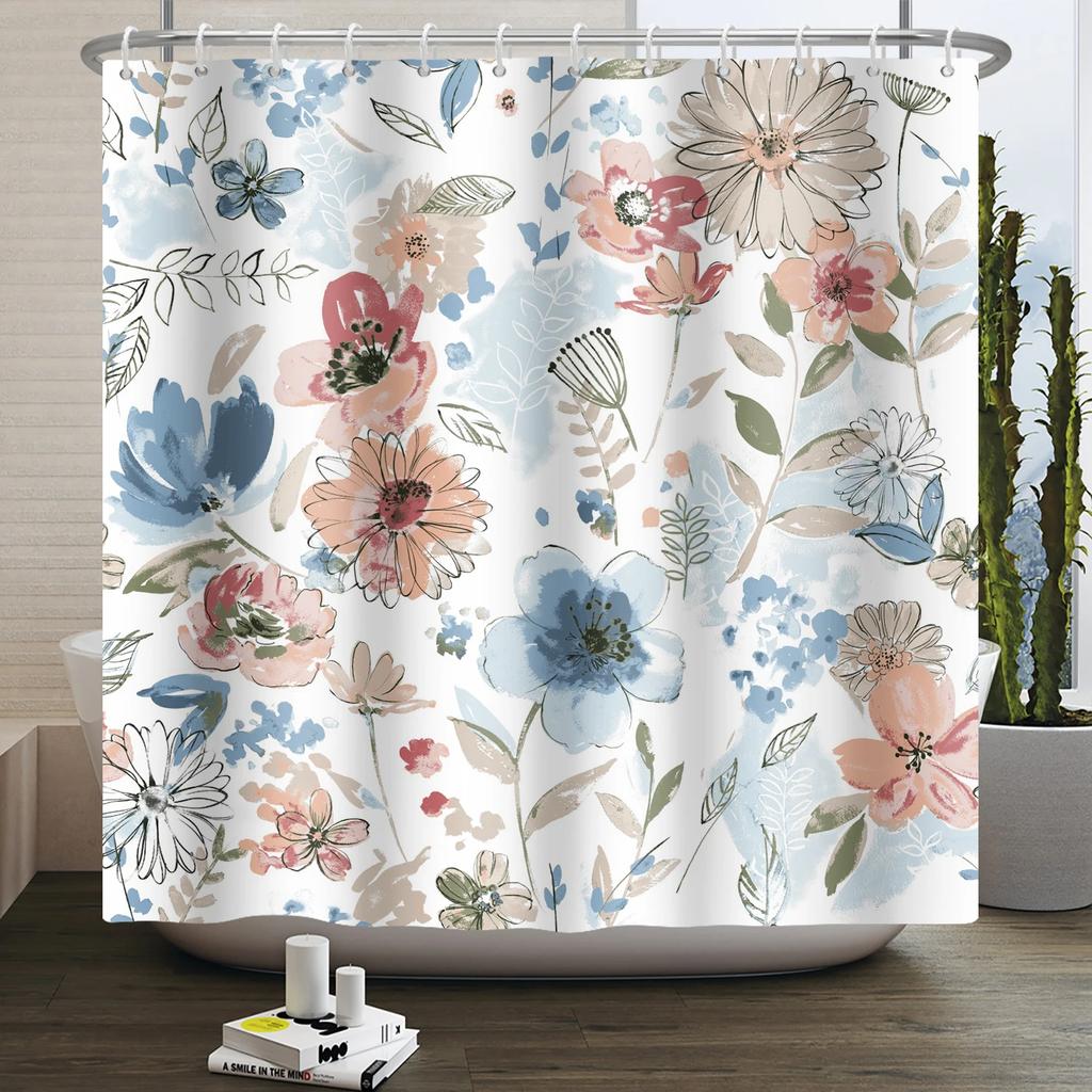 Watercolor Floral Shower Curtain for Bathroom Spring Elegant Flower Printed Bath Curtain Botanical Wildflower Bathroom Decor