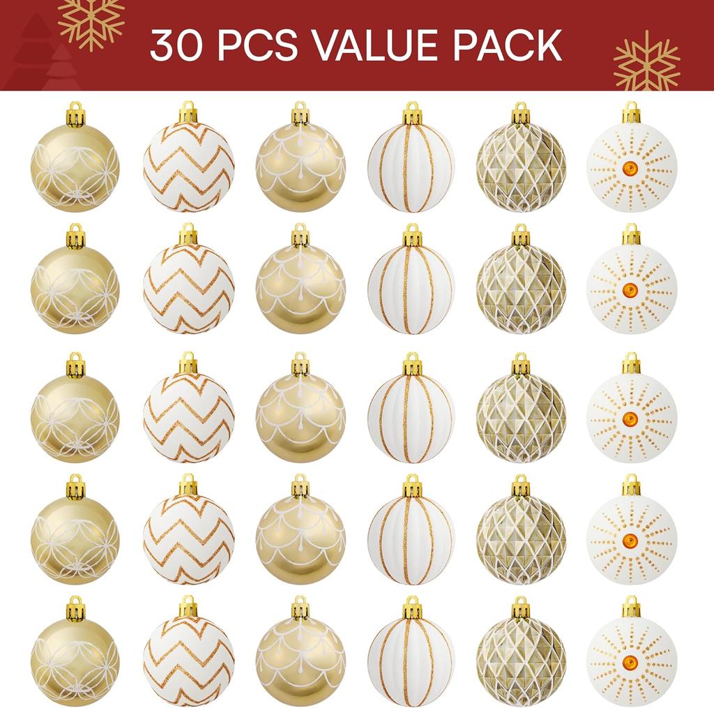 JOYFY 30 Pcs 2.36'' Christmas Balls Ornaments Gold & White Assorted Christmas Hanging Ornaments for Xmas Tree Wreath Party