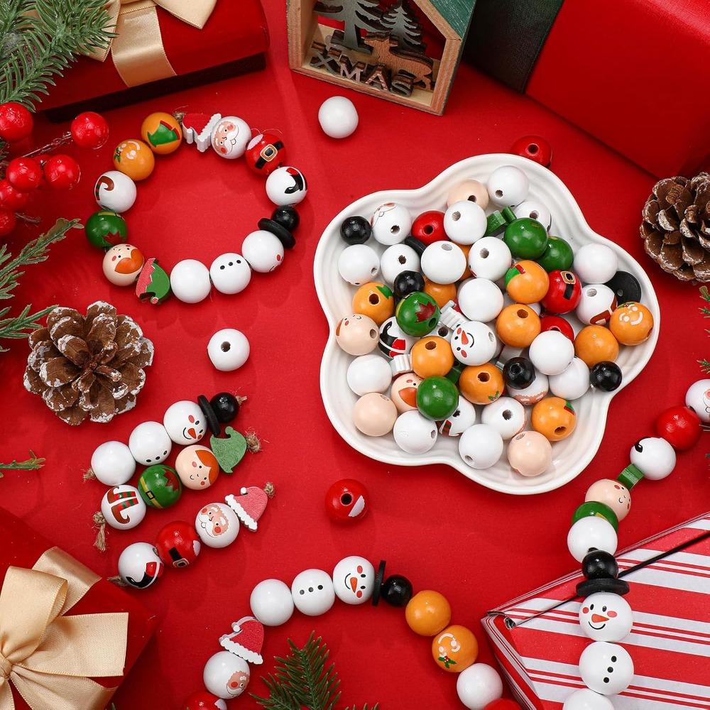 Christmas Snowman Wooden Beads Set DIY Xmas Tree Hanging Pendants Winter Santa Ornaments Creative Handmade Wood Loose Bead Decor