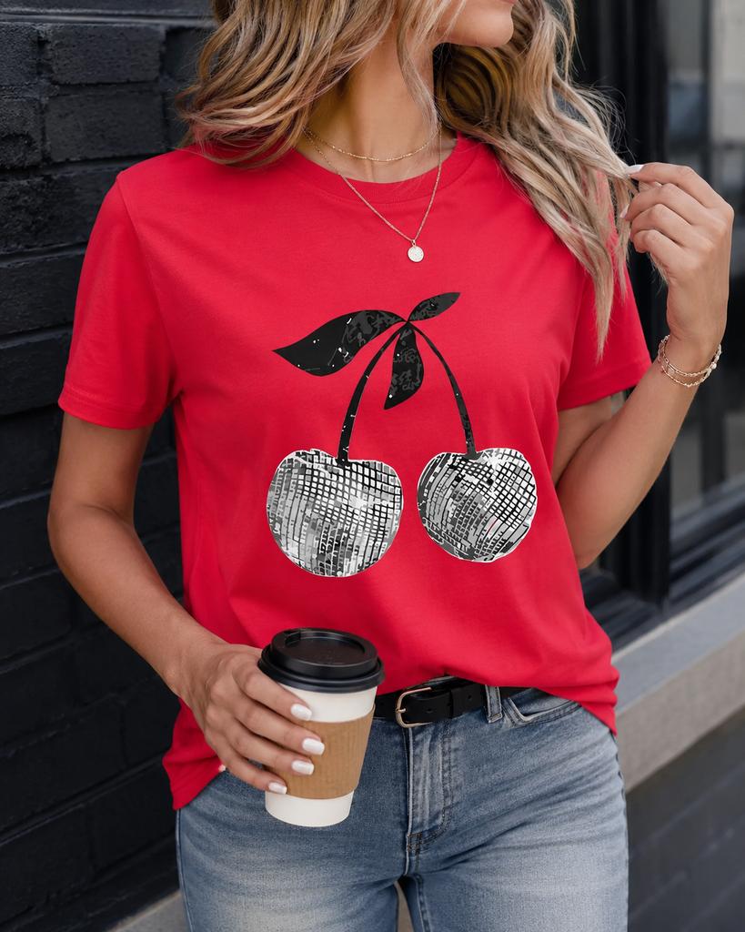 Silver Cherry Graphic Print TShirt Short Sleeve Crew Neck Casual Top Fashion Harajuku Kawaii Tshirt Unisexs Y2K Clothing