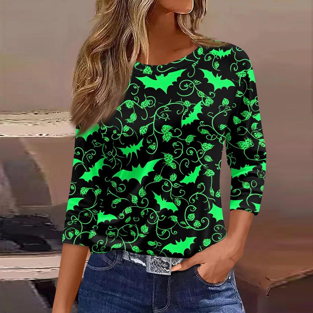 Women's Casual Loose Fit Three Quarter Sleeve Shirt Round Neck Halloween Print T-Shirt Lightweight Comfortable Top