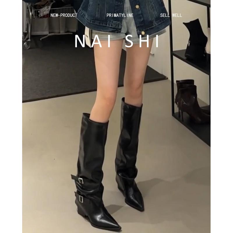 

Sheepskin version~ pointed thick heel trouser boots women s design sense belt buckle high knight boots but knee cowboy boots 35