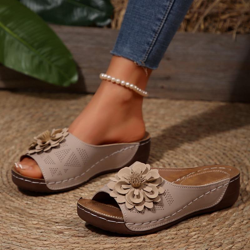Women's Floral One Band Wedge Slide Slippers, Open Toe Plus Size Lightweight Casual Outdoor Beach Daily Footwear