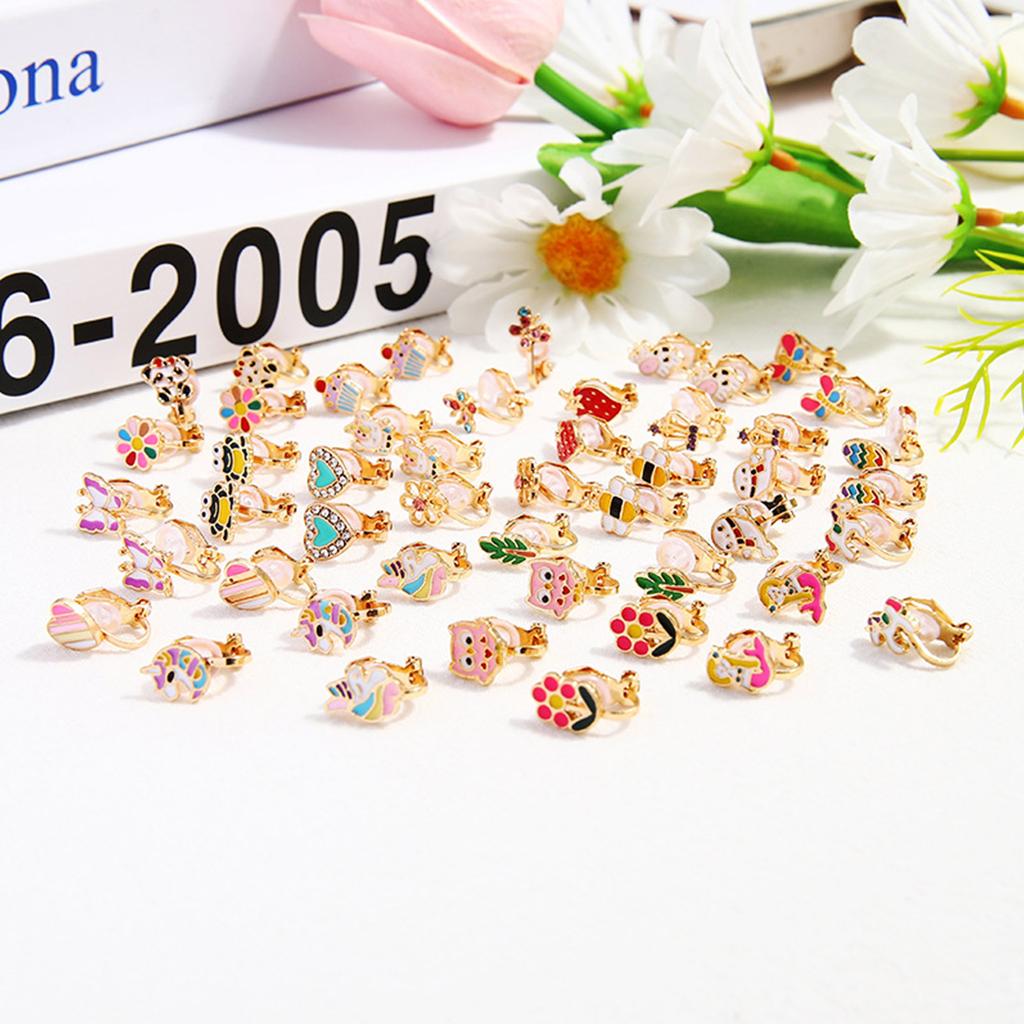 24 Pairs Mixed Color Clip-on Earrings Suitable for Non-perforated Ears Lovely Animals Flowers Heart Fruit Earrings Set