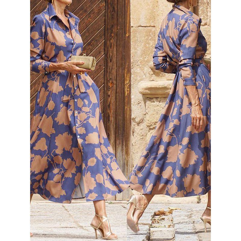 European and American New Women Fashion Temperament Print Mid-Length Waist Hugging Lace-up Shirt Dress Dress Shirtdress