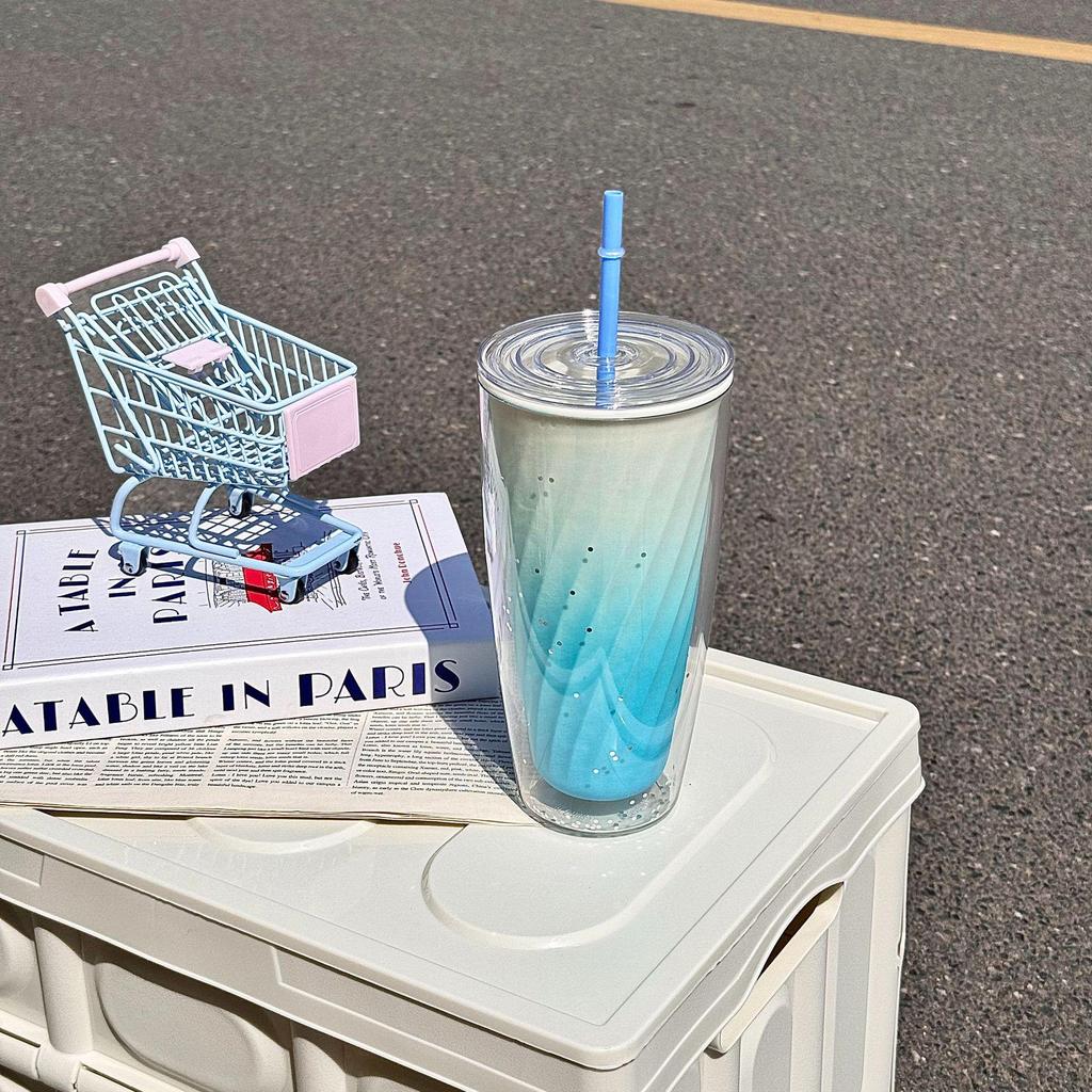 Cana cu paie cu bule dublu Rainbow Girl - Capacitate mare, design creativ pentru studenți și uz la birou/acasă