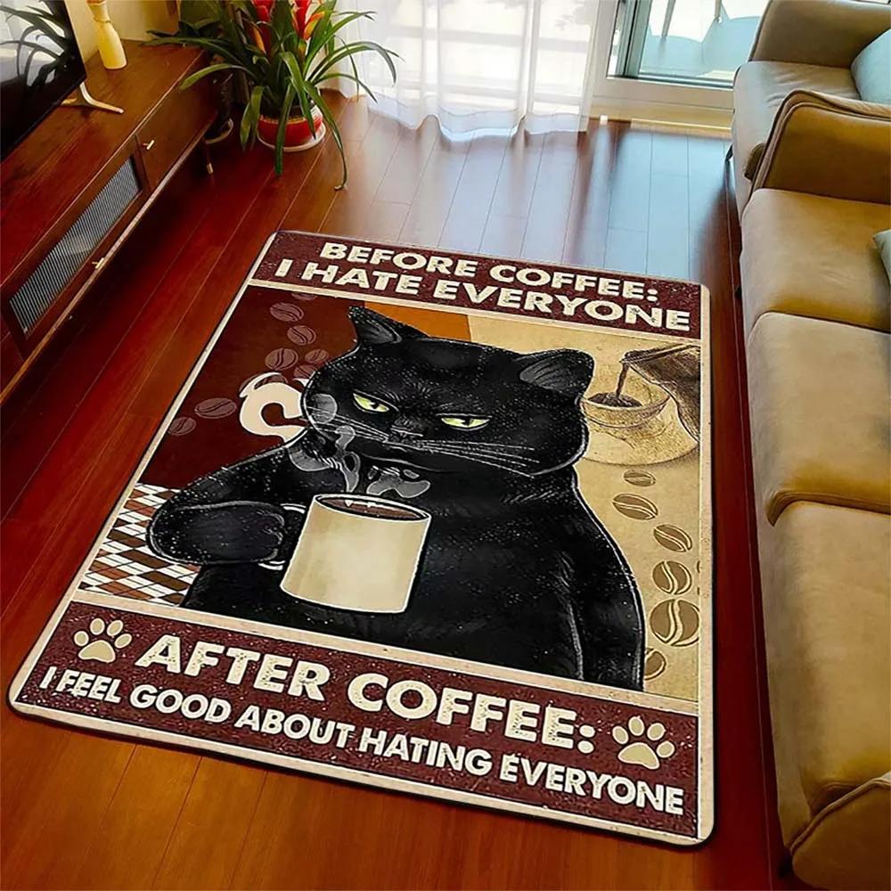 Schwarze Katze Retro Bereichsteppich Teppich Wohnzimmer Heimdeko Sofa Teppich Rutschfest Stuhlkissen Lounge Matte Halloween Hexen Dekoration