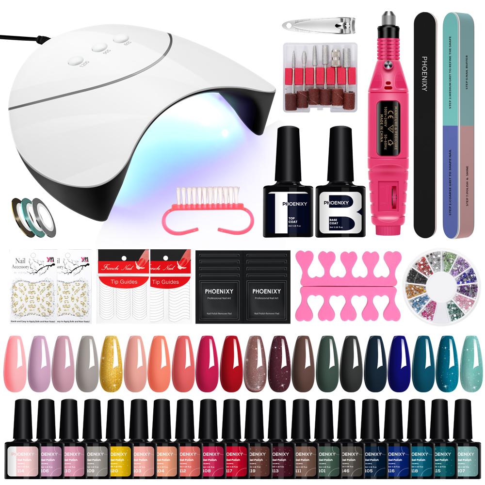 PHOENIXY Complete Nail Art Tools Kit 20PCS Gel Nail Polish with 36W UV LED Nail Lamp Semi Permanente UV Gel Varnish Nail Art Design Manicure Kit