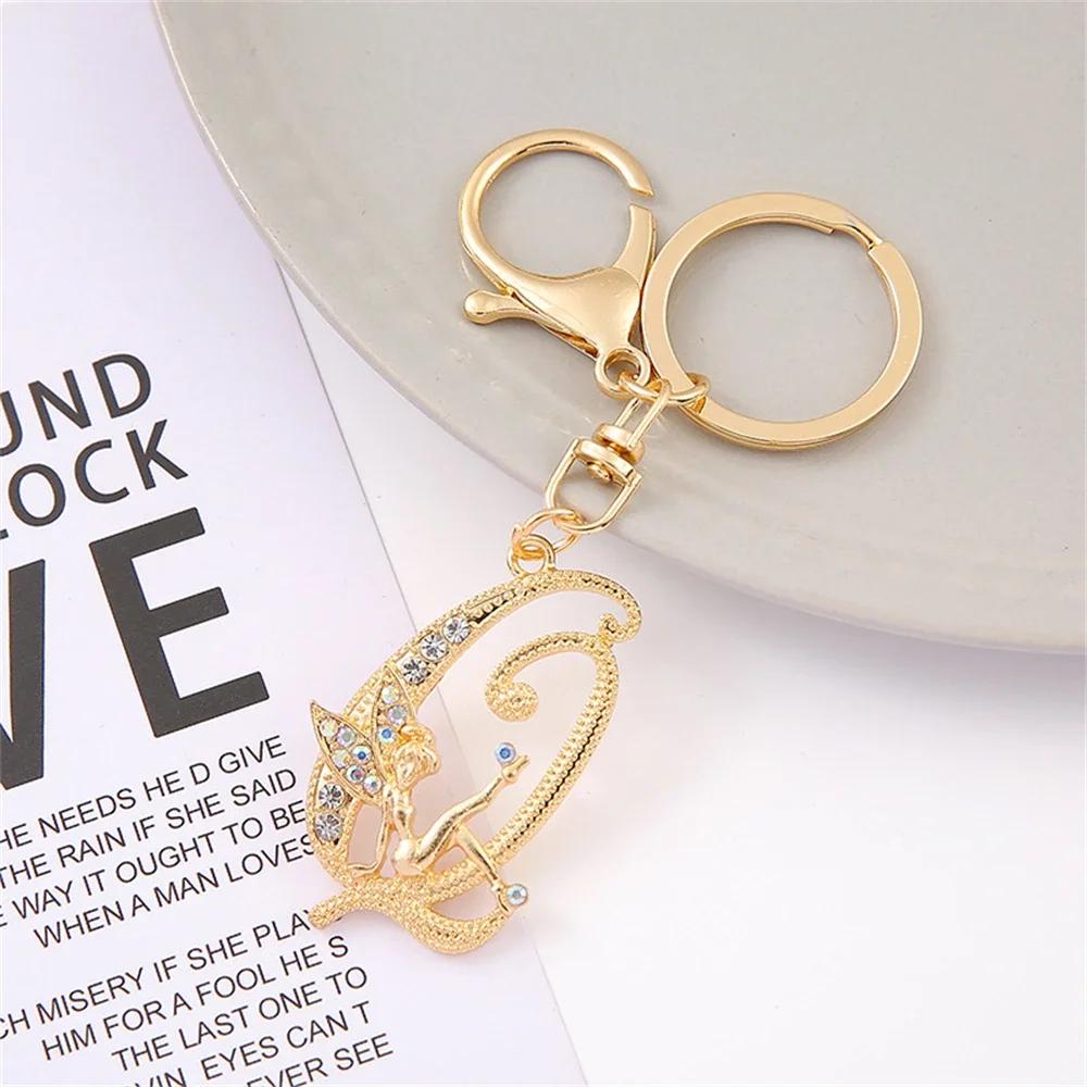 A-Z Rhinestone Elf Girl Letter Keychain Gold Color Initial Name Keyrings Girls Car Key Holder Handbag Purse Charms Decoration