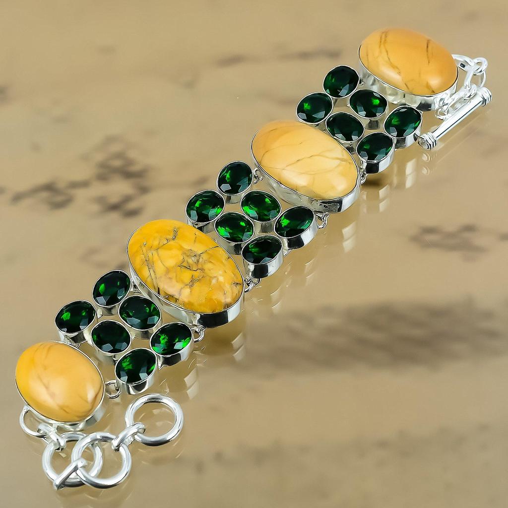 925 Sterling Silver Oval Brecciated Mookaite Stone Trendy Chain Bracelet Jewelry