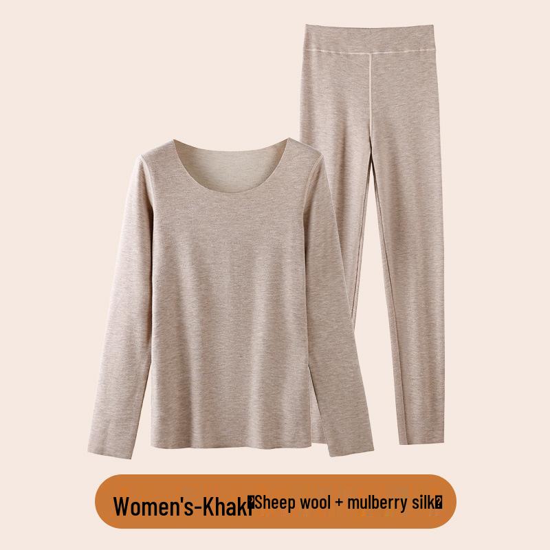 Women's Winter Fleece-Lined Silk Wool Underwear Set - Extra Thick Heat-Generating Base Layer for Autumn.