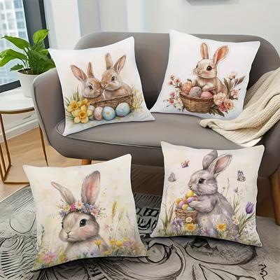 Niedliches Häschen Blumen Ei Muster Ostern Kissenbezug Wohnzimmer Schlafzimmer Sofa Stuhl Dekorative Kissenhülle