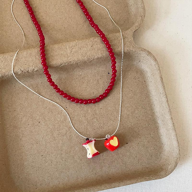 Niche Design Sense Three-Dimensional Apple Red Beads Stacked Necklace Women'S Simple Light Luxury Versatile Neck Chain Sweater Chain