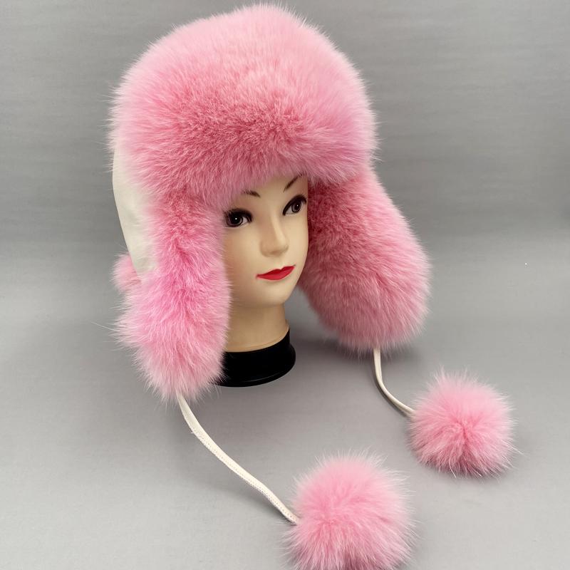 

Розовая меховая шапка женская зимняя из натурального меха лисы шапка-ушанка теплая толстая шапка-ушанка шапка-траппер женская шапка от холода adjustable 55to60cm розовый