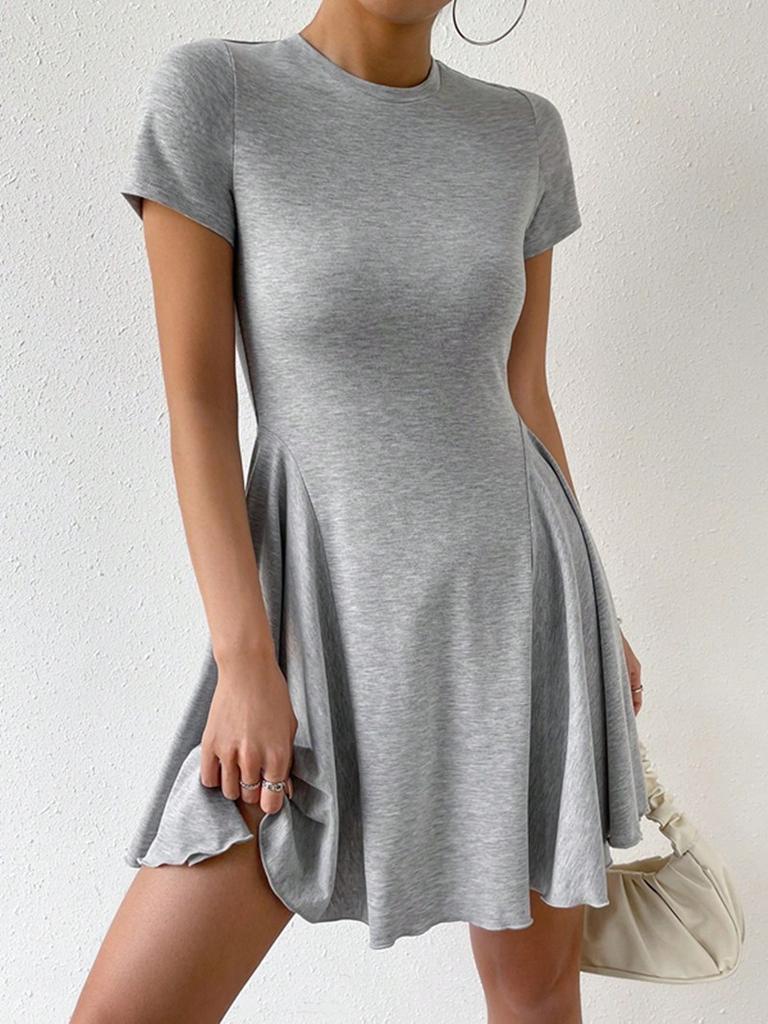 French Round Neck Short Sleeve Dress 2025 Summer New Women's Waist Slimming Floral A-Line Skirt Blue