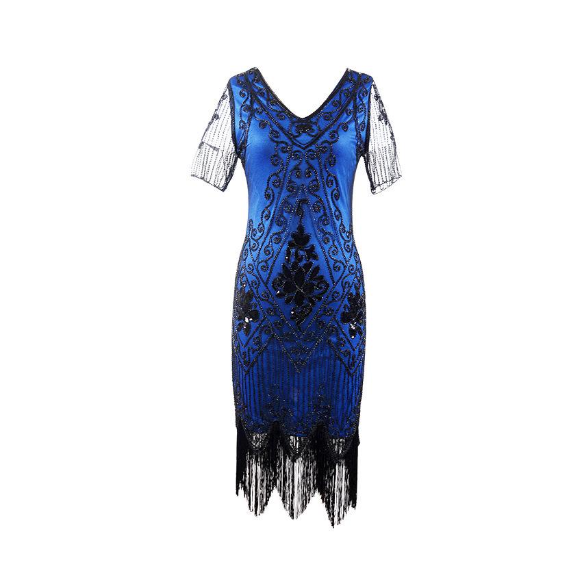 1920s Gatsby V-neck Evening Gown with Embroidered Beading and Sequins Short Sleeve Formal Dress