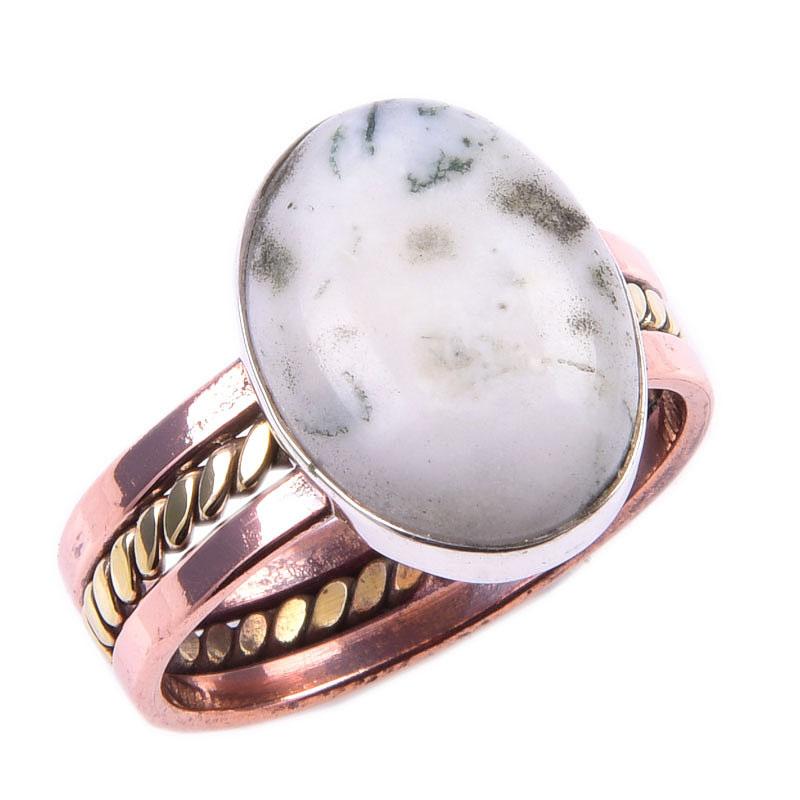 Natural Green Dendrite Opal Gemstone 925 Sterling Silver Two Tone Ring S.10 l1t84