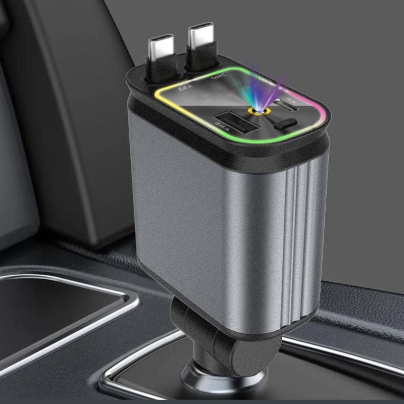 4 in 1 Car Charging Adapter Retractable Phone Fast Car Chargers with Type-C Cord USB & USB C Port Ambient Light