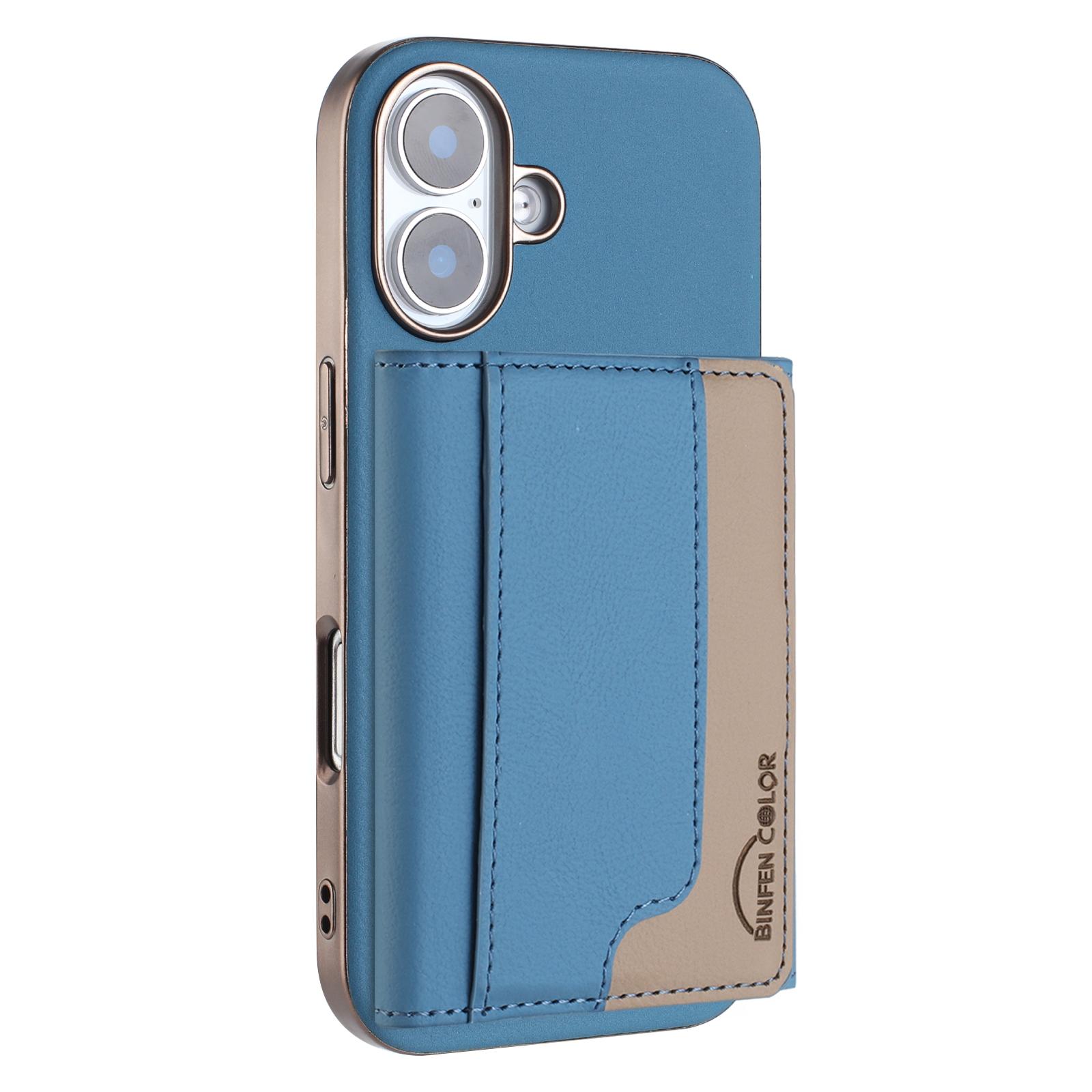 

For iPhone 16 Plus Case BINFEN COLOR BF37 Color Splicing Magnetic Card Holder Leather Back Cover Baby Blue
