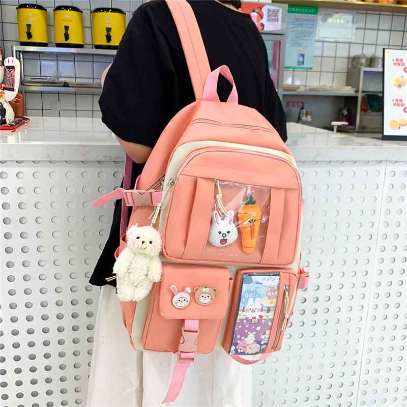 Schoolbag Backpack Women's Outdoor Travel Trend Backpack Fashion Junior High School Student Oxford Cloth Multi-piece Set Student School Bag Commuter