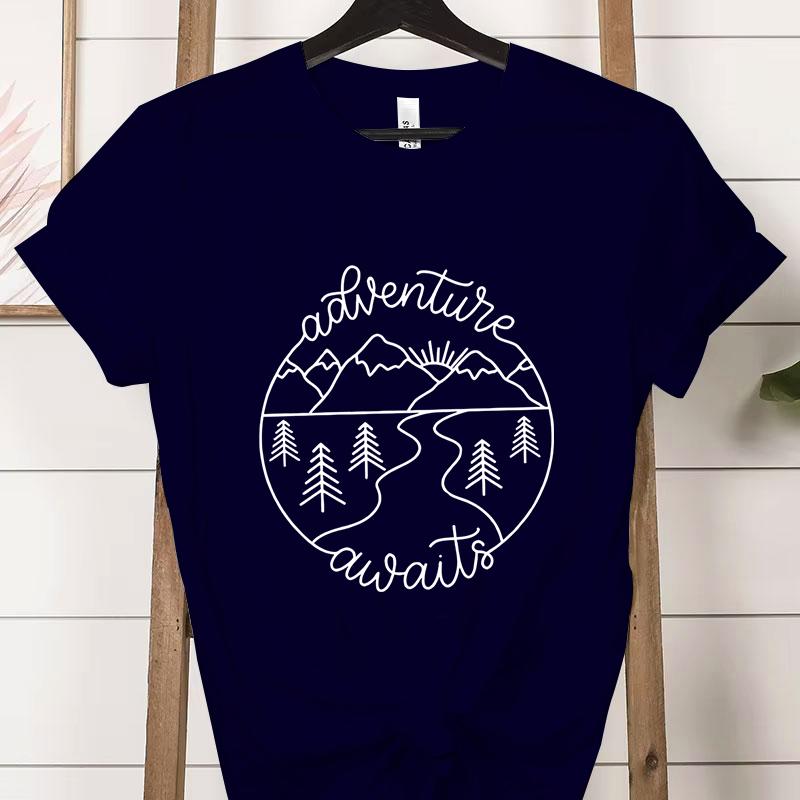 Adventure Awaits Outdoor Graphic T Shirts Women Mountain Nature Lover Gift Crew Neck Short Sleeve Tshirt Adventure Classic Tops