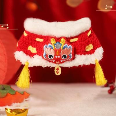 Chinese Style Spring Festival Lion Dance Cat Tie Adjustable Handmade New Year Pet Collar Warm Blessing Cat Knitting Scarf Winter