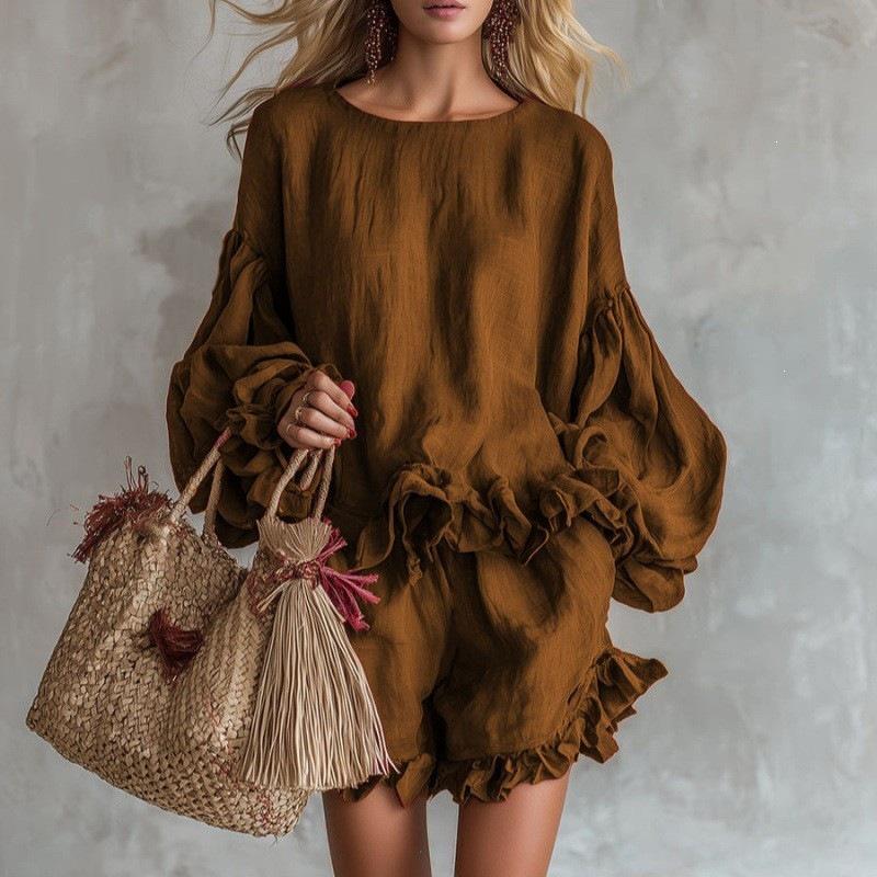2026 Spring/Summer European & American Fashion Lantern Sleeve Top and Ruffled Shorts Two-Piece Set