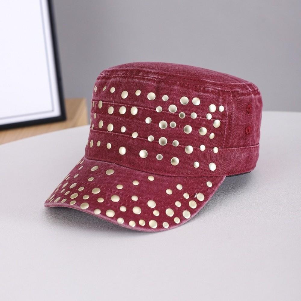 Washed Finish Flat Top Cap Rivet Decor Casual Cap Casual Sun Protection Cap  Outdoor Wear