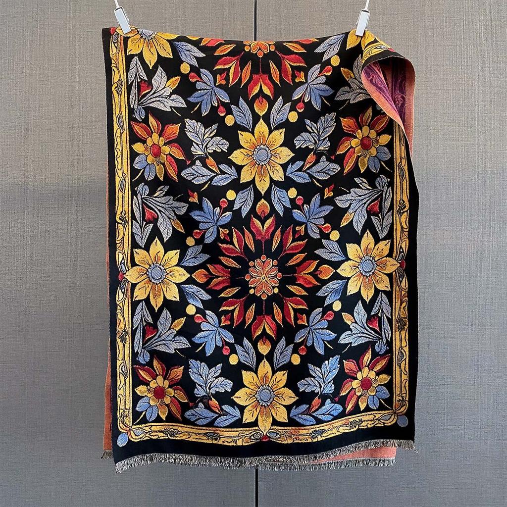 Thickened Warm Scarf For Women Retro Long Tassel Pashmina Shawl Faux Cashmere Warps Autumn Winter Floral High Quality Blanket