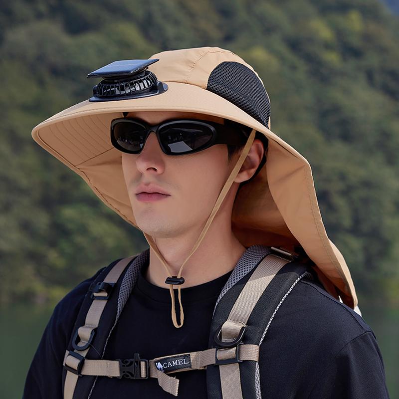 Solar Fan Hat with Neck Cover Wide Brim Sun Hat UV Protection Outdoor Fishing Hat Hiking Travel Hollow Mesh Summer Cooling Breathable Sun Cap