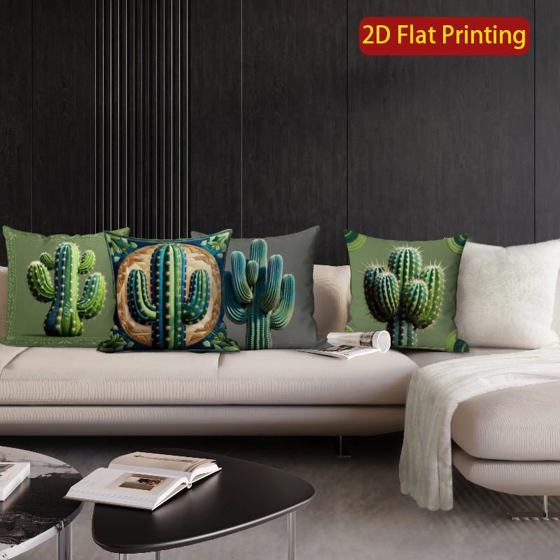 2D Set Of 4 Cactus Themed Throw Pillow Covers Pattern Cushion Cover Suitable For Sofa Bedroom Car Pillow Cover