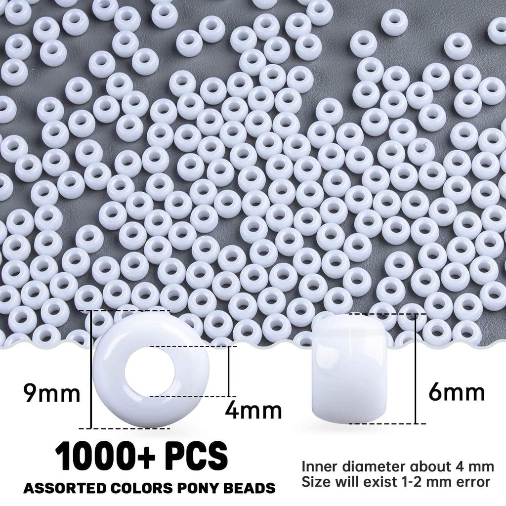 Pony Beads Sukh White Pony Beads Bulk 6x9mm Hair Beads Plastic Acrylic Braid Beads with Holes for Hair Braiding DIY Crafts Necklaces Keychains 1000+ -