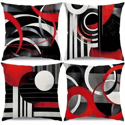 [4 Stück Abstrakte Kissenbezüge] 4 Stück Abstrakte Geometrische Streifen Dekorative Kissenbezüge für Sofa Couch Wohnzimmer | Rot Weiß Schwarz